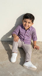Lavender Panther Appliqué Shirt with Grey Trousers Set