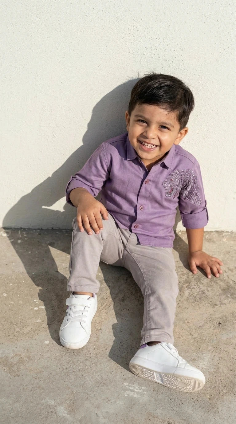 Lavender Panther Appliqué Shirt with Grey Trousers Set