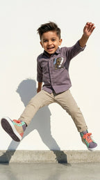 Mauve Tiger Patch Shirt with Beige Trousers Set