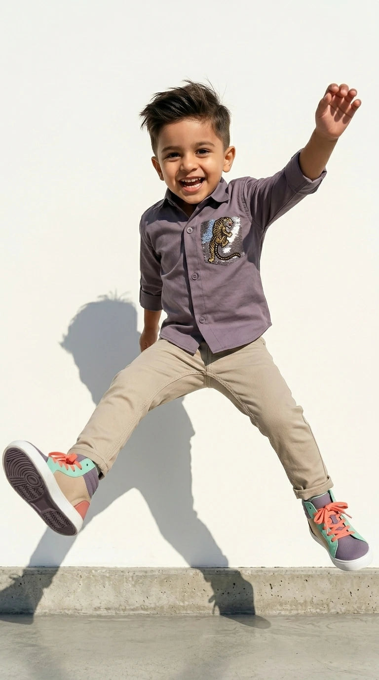 Mauve Tiger Patch Shirt with Beige Trousers Set
