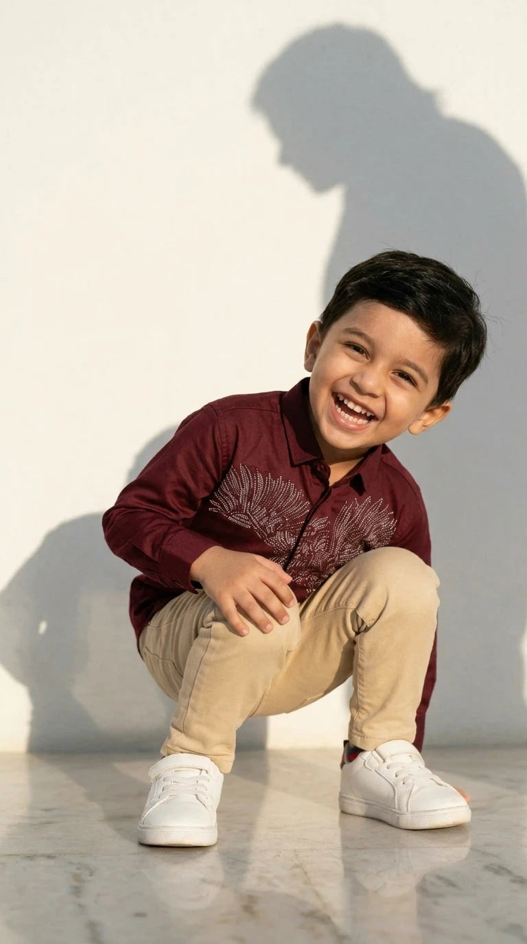 Maroon Eagle Embellished Shirt with Beige Trousers Set