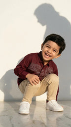 Maroon Eagle Embellished Shirt with Beige Trousers Set