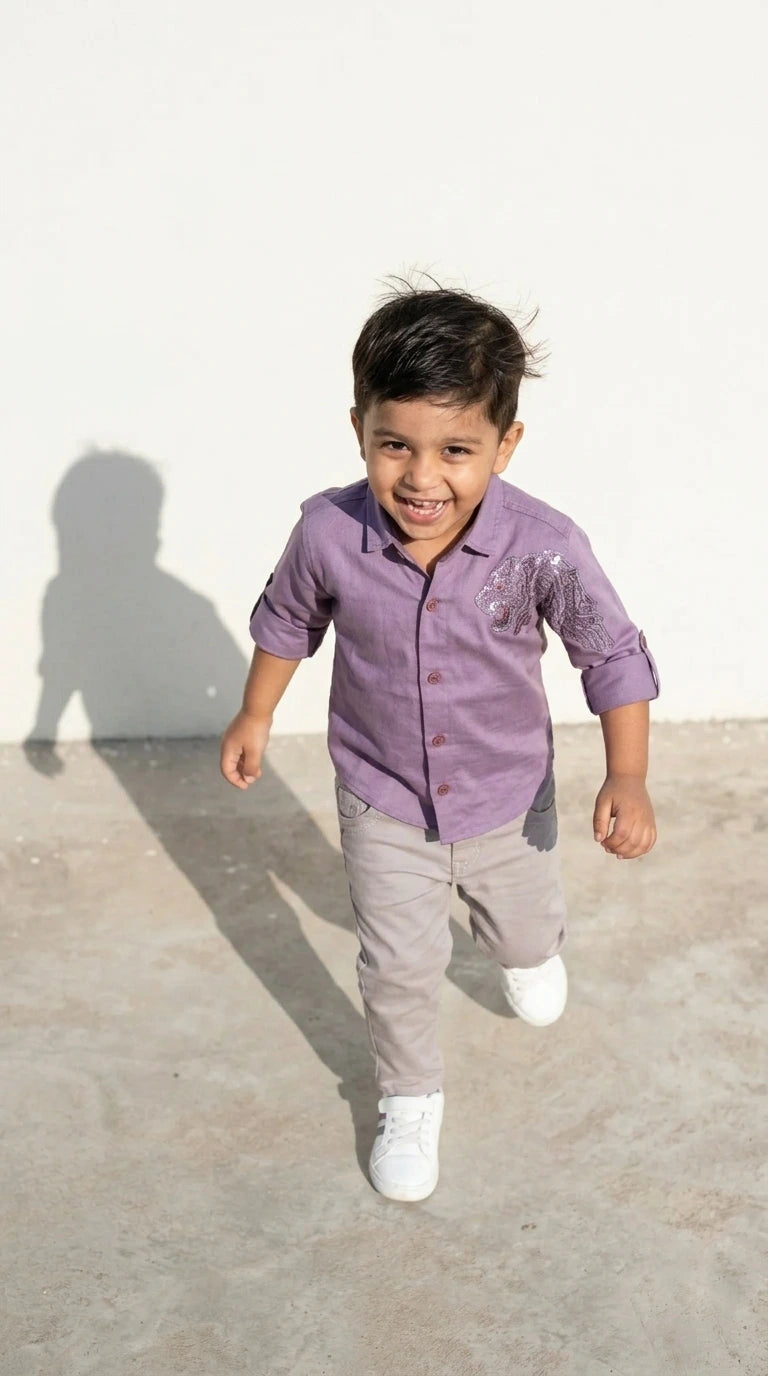 Lavender Panther Appliqué Shirt with Grey Trousers Set