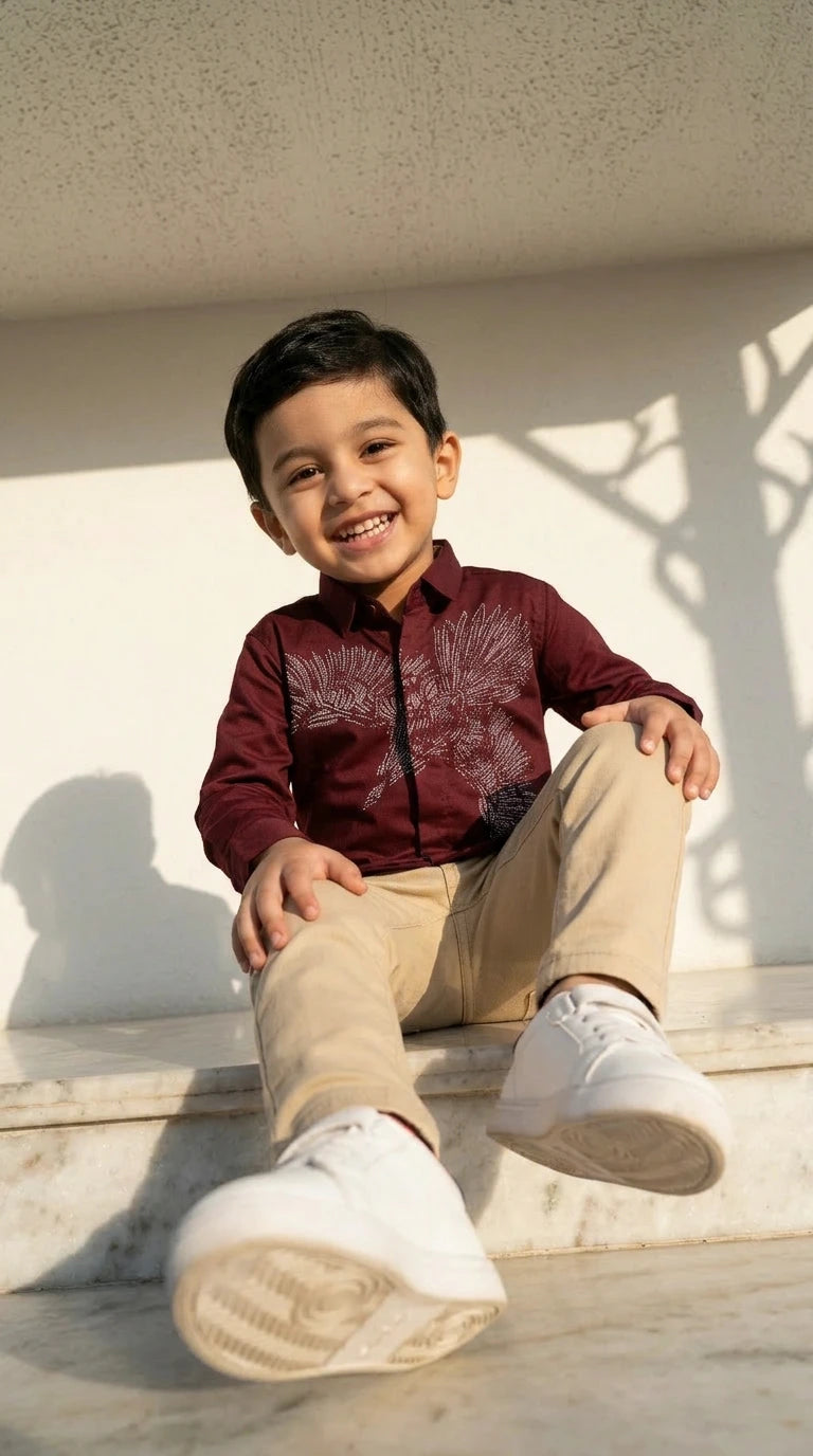 Maroon Eagle Embellished Shirt with Beige Trousers Set