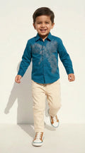 Teal Eagle Embellished Shirt with Cream Trousers Set