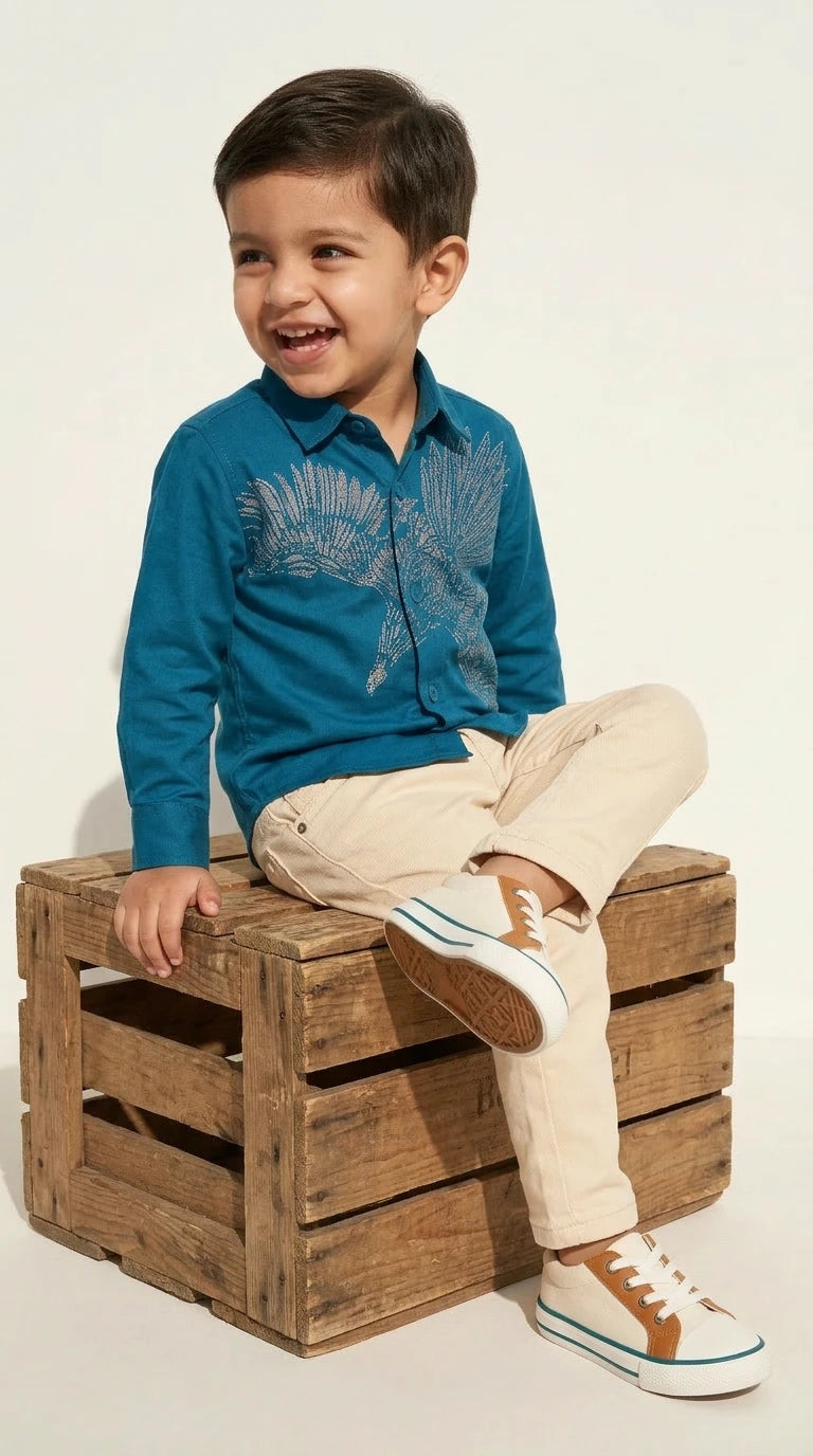 Teal Eagle Embellished Shirt with Cream Trousers Set