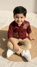 Maroon Palm Embroidered Shirt with Khaki Trousers Set