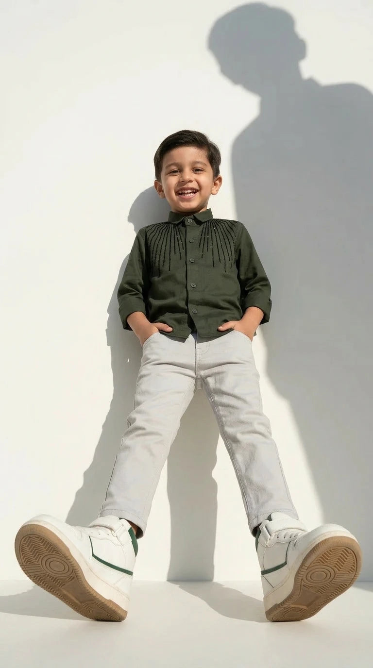 Olive Embellished Party Shirt with Grey Trousers Set
