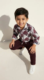 Abstract Print Shirt with Maroon Jogger Pants Set