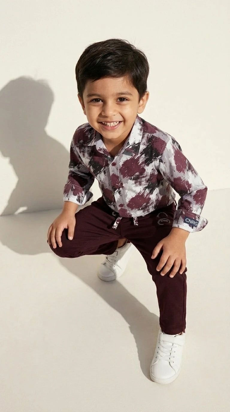 Abstract Print Shirt with Maroon Jogger Pants Set