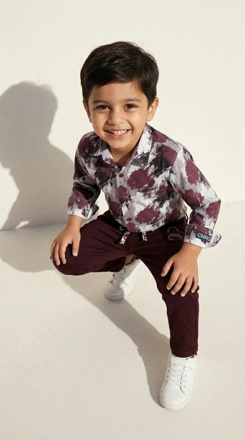 Abstract Print Shirt with Maroon Jogger Pants Set