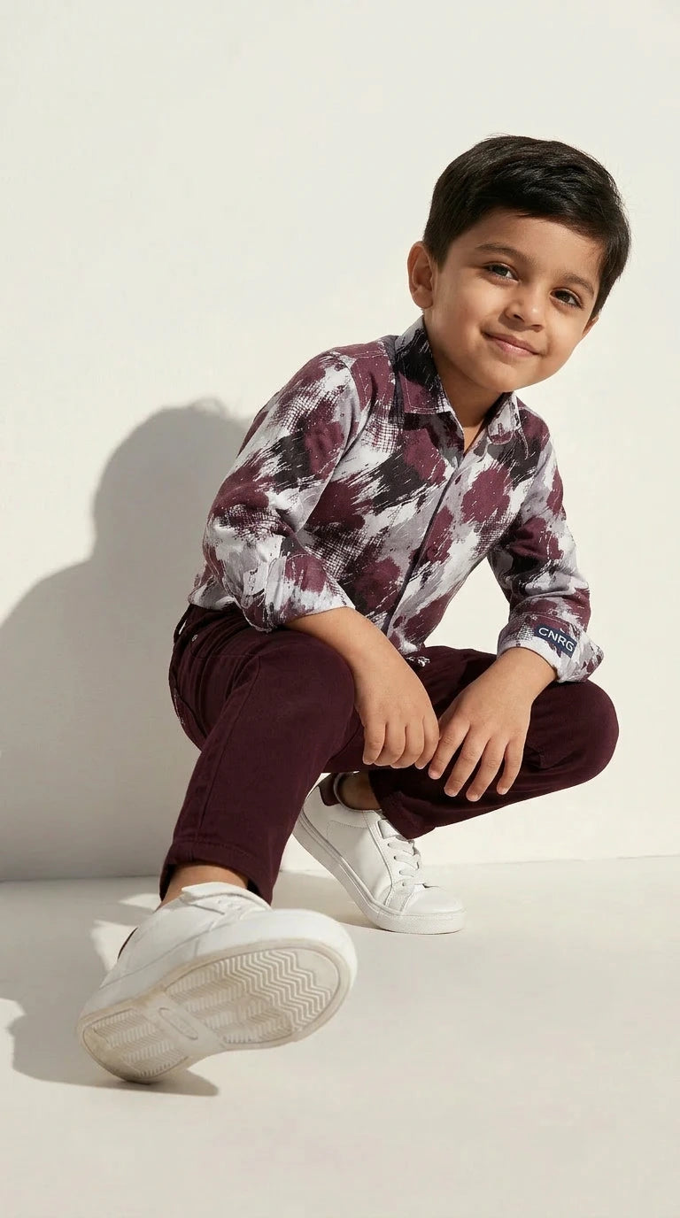 Abstract Print Shirt with Maroon Jogger Pants Set