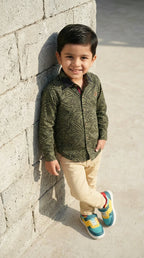 Geometric Print Olive Shirt with Beige Trousers Set
