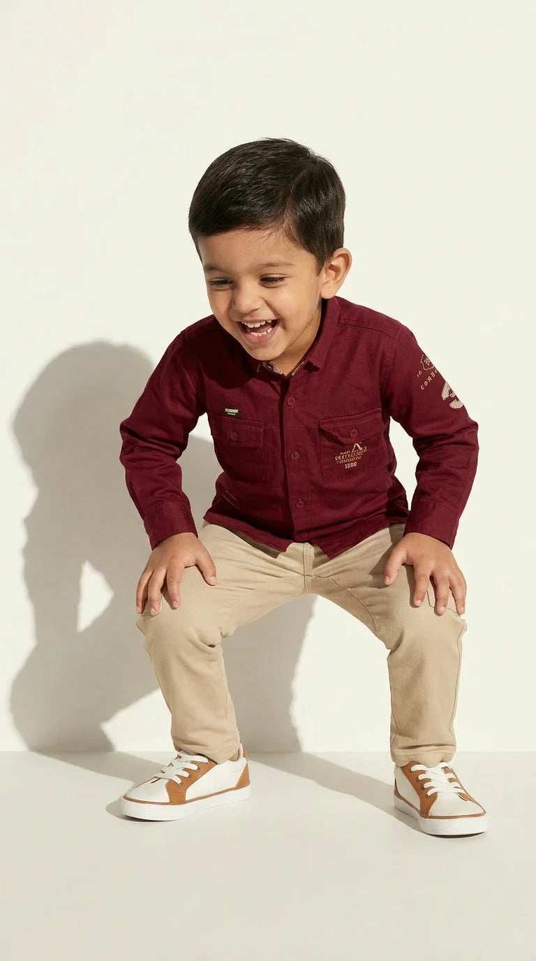 Maroon Utility Pocket Shirt with Cargo Trousers Set