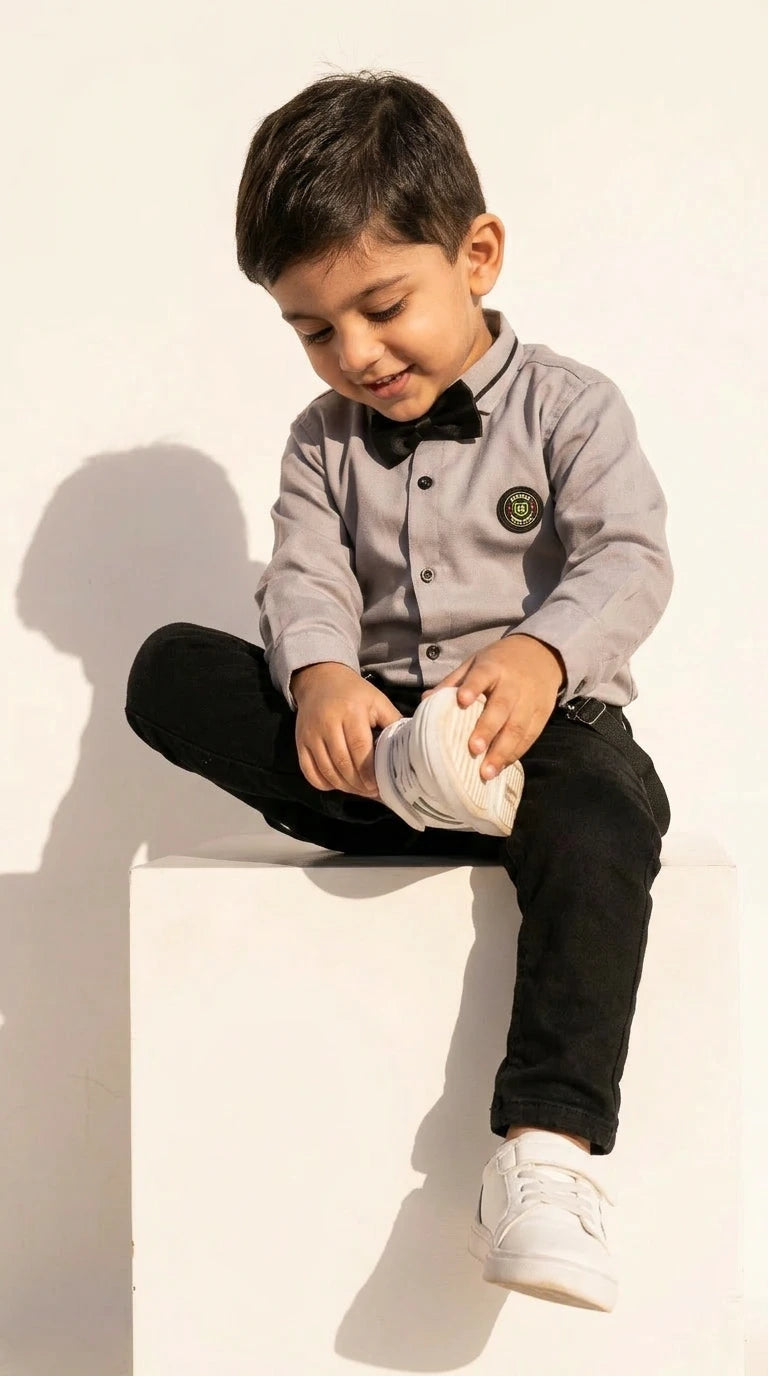 Classic Grey Bow Shirt with Black Suspender Jeans Set