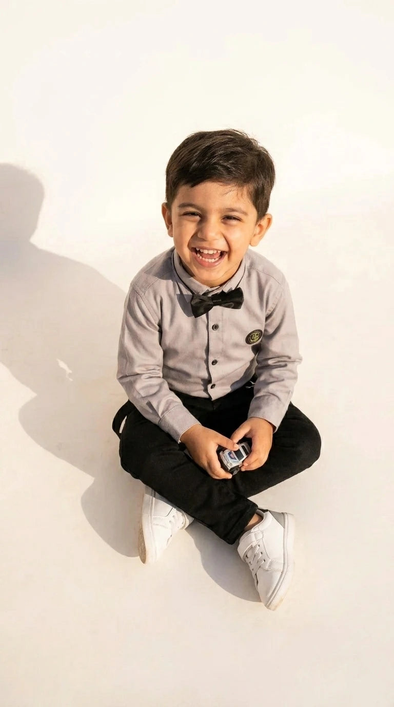 Classic Grey Bow Shirt with Black Suspender Jeans Set