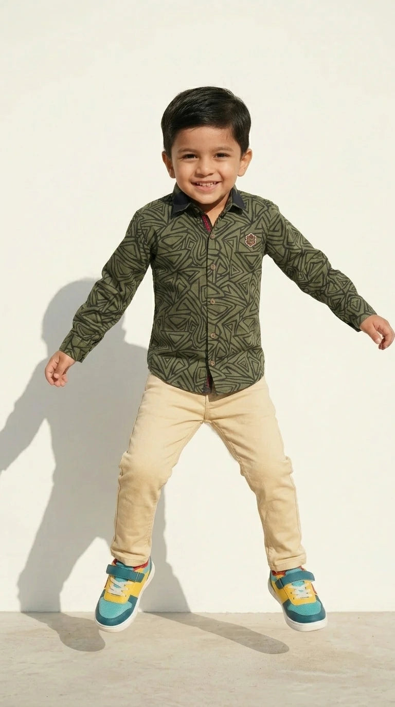 Geometric Print Olive Shirt with Beige Trousers Set