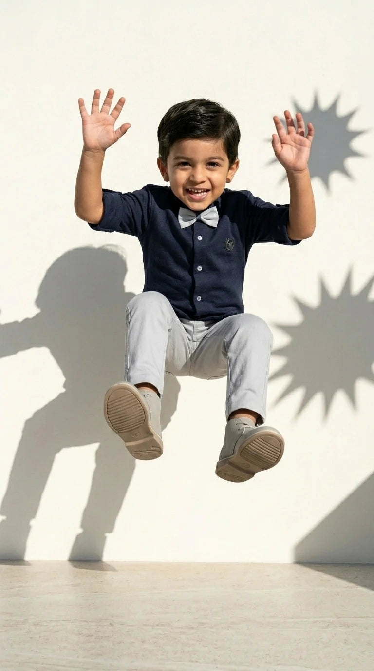 Navy Bow Shirt with Grey Trousers Set