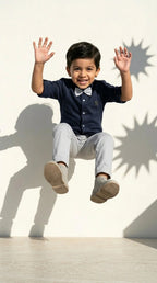 Navy Bow Shirt with Grey Trousers Set