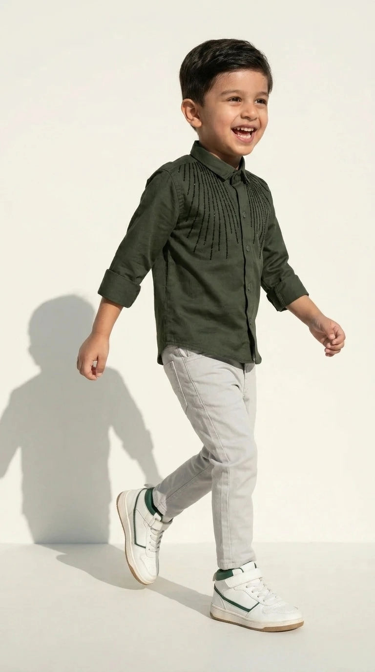 Olive Embellished Party Shirt with Grey Trousers Set