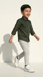 Olive Embellished Party Shirt with Grey Trousers Set