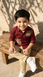 Maroon Palm Embroidered Shirt with Khaki Trousers Set