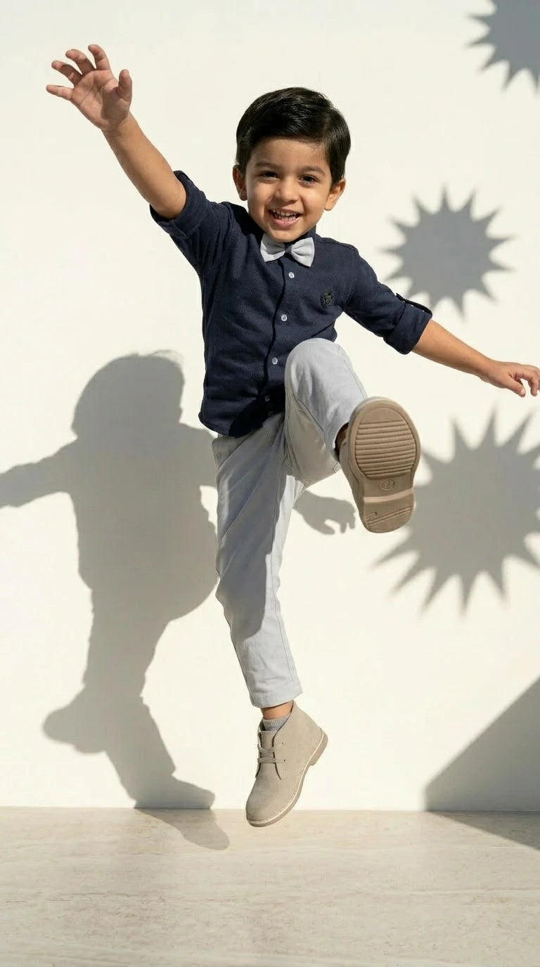 Navy Bow Shirt with Grey Trousers Set