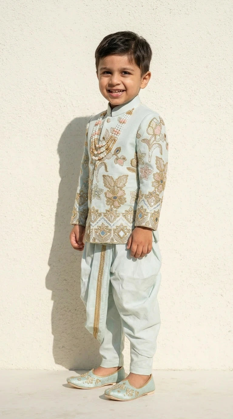 Powder Blue Floral Embroidered Indo-Western Dhoti Set
