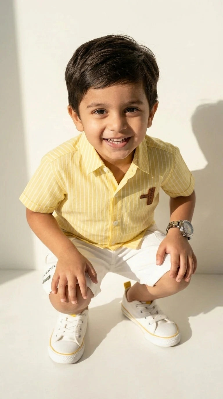 Yellow Striped Shirt & White Shorts Set