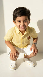 Yellow Striped Shirt & White Shorts Set