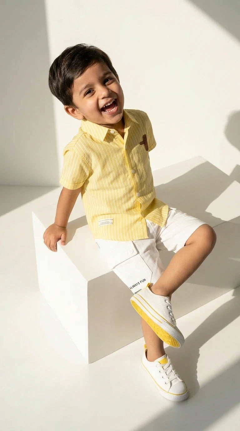 Yellow Striped Shirt & White Shorts Set