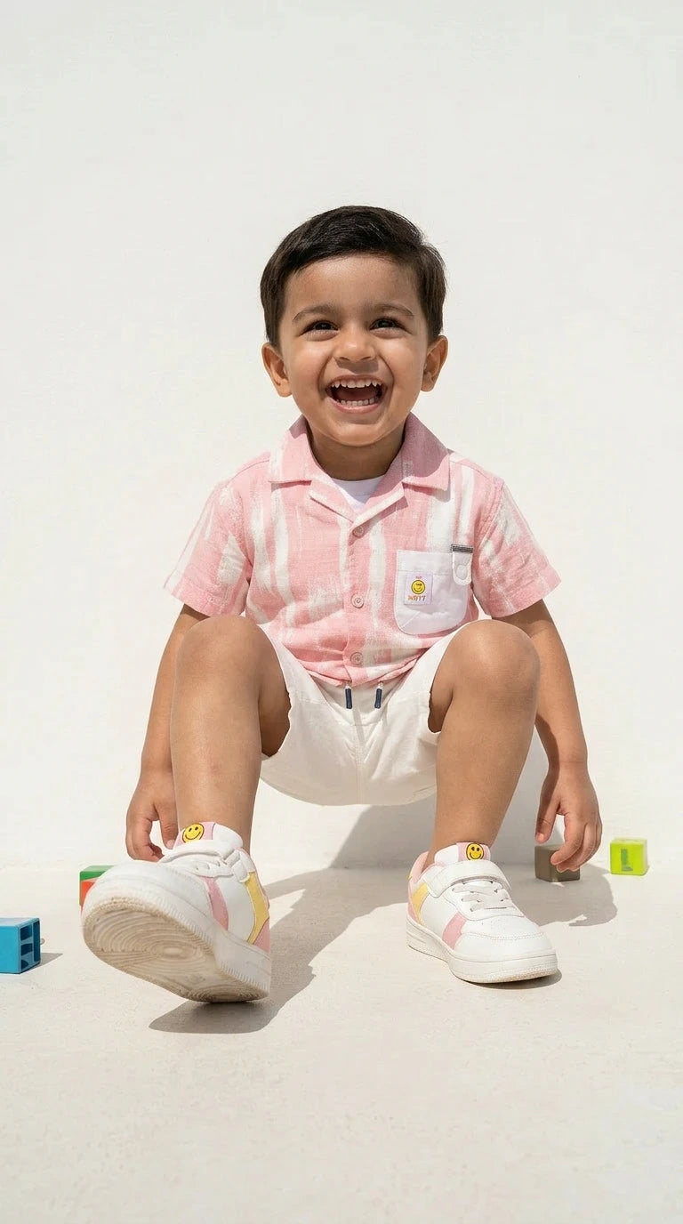 Pink Stripe Shirt & White Shorts Set