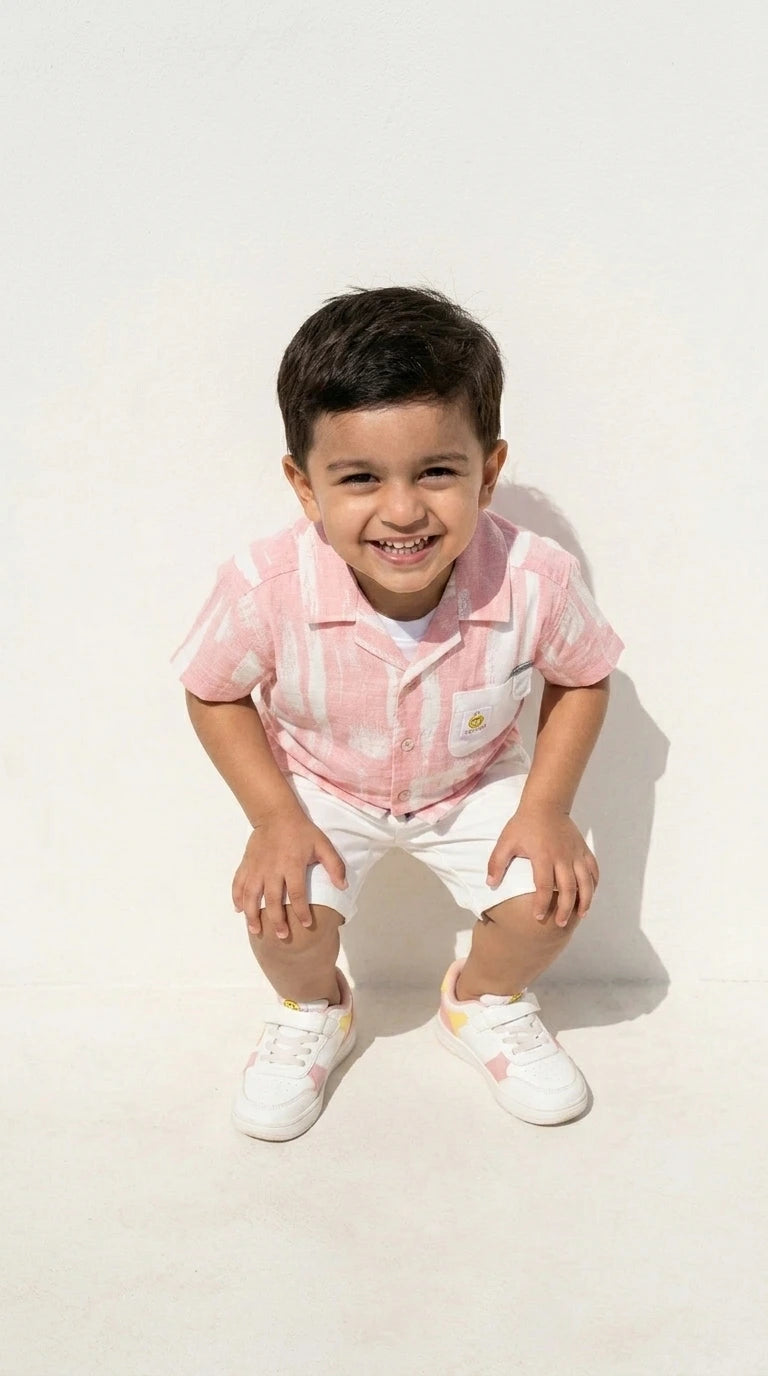 Pink Stripe Shirt & White Shorts Set