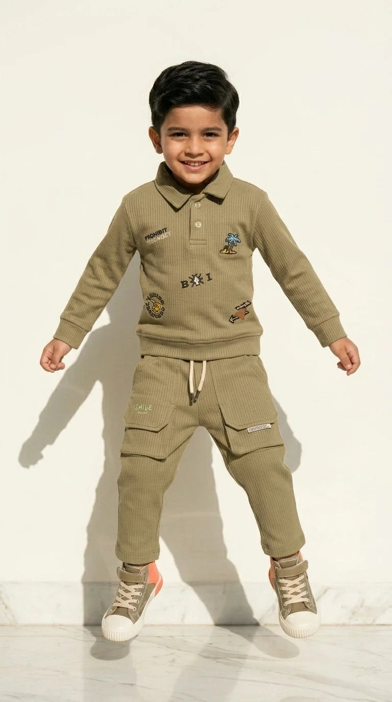 Olive Ribbed Polo Co-ord Set