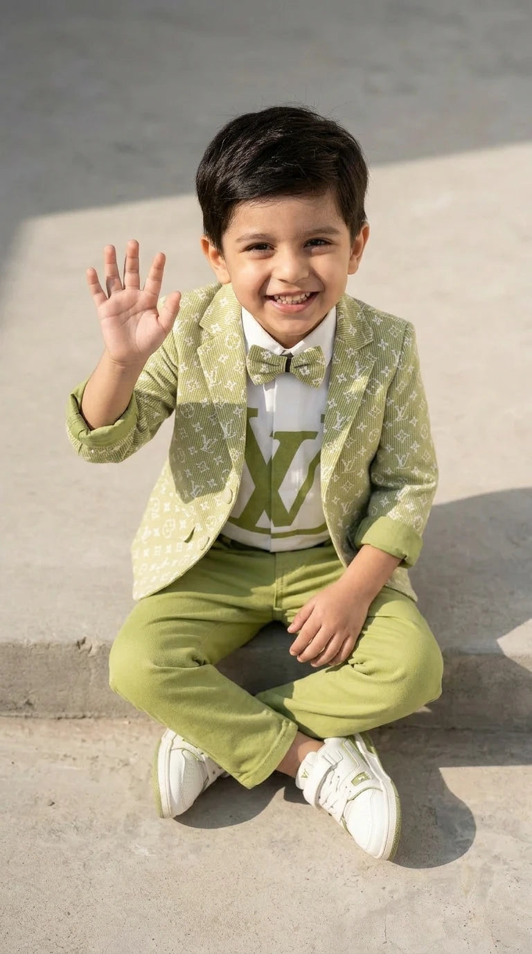 Olive Green Printed Blazer Set