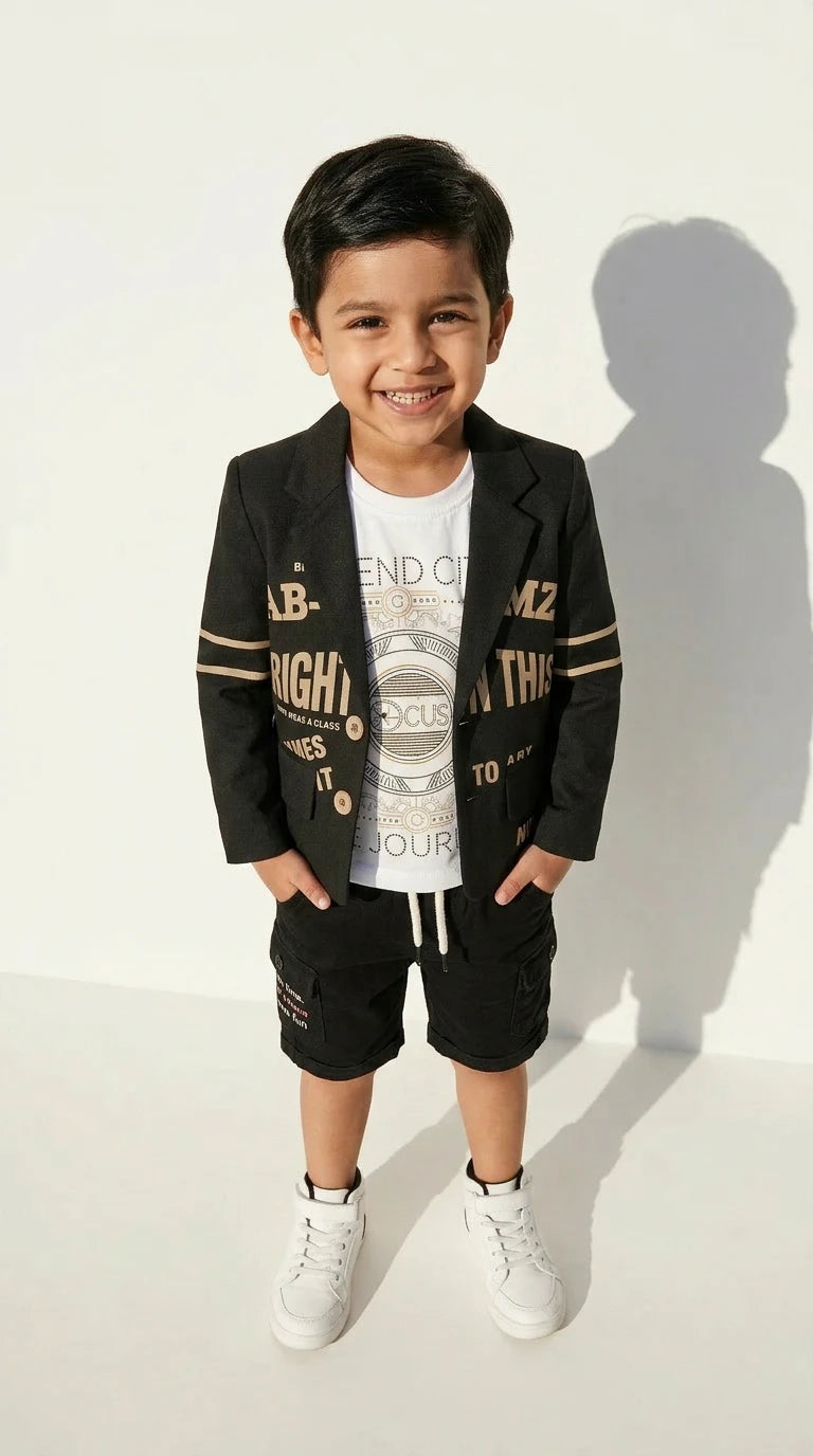 Black Graphic Blazer Short Set