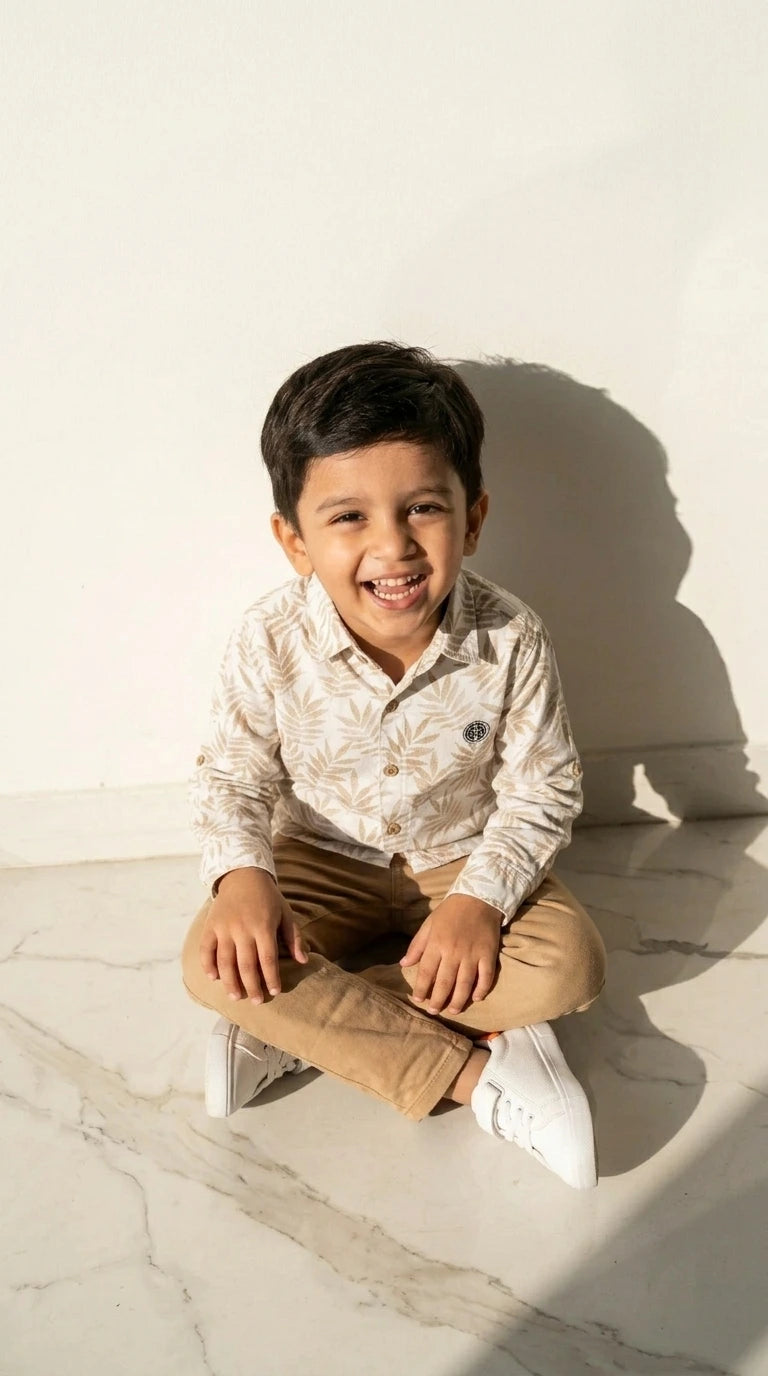 Beige Leaf Print Shirt Set