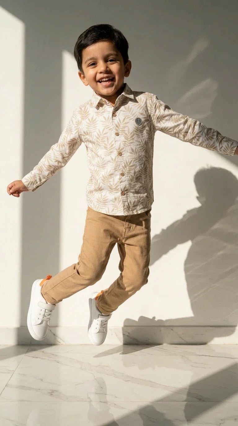 Beige Leaf Print Shirt Set