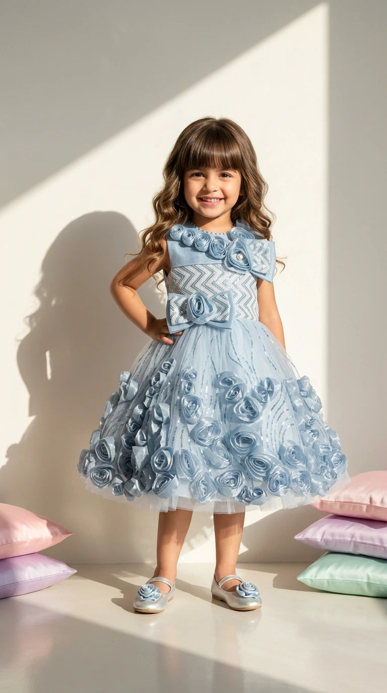 Frosted Blue Rosette Dress