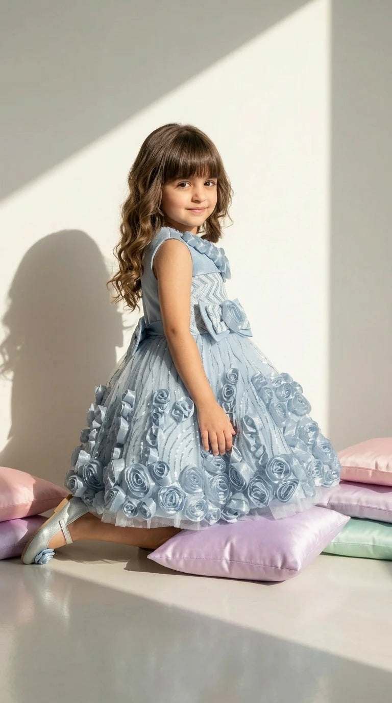 Frosted Blue Rosette Dress