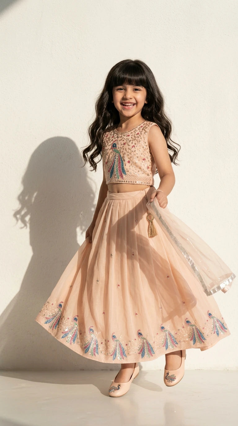 Peach Peacock Festive Lehenga Set