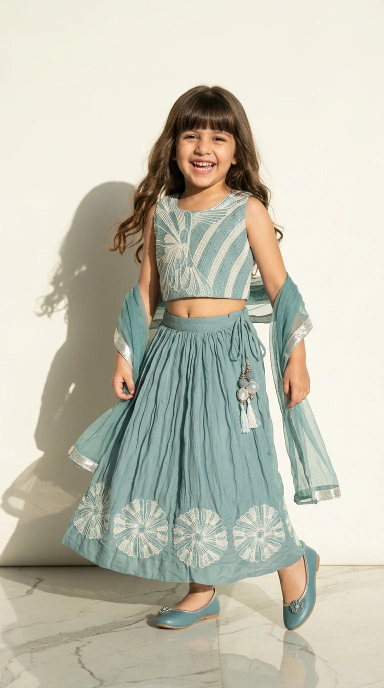 Aqua Blue Floral Lehenga Set