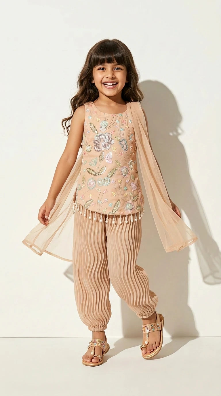 Peach Floral Dhoti Set