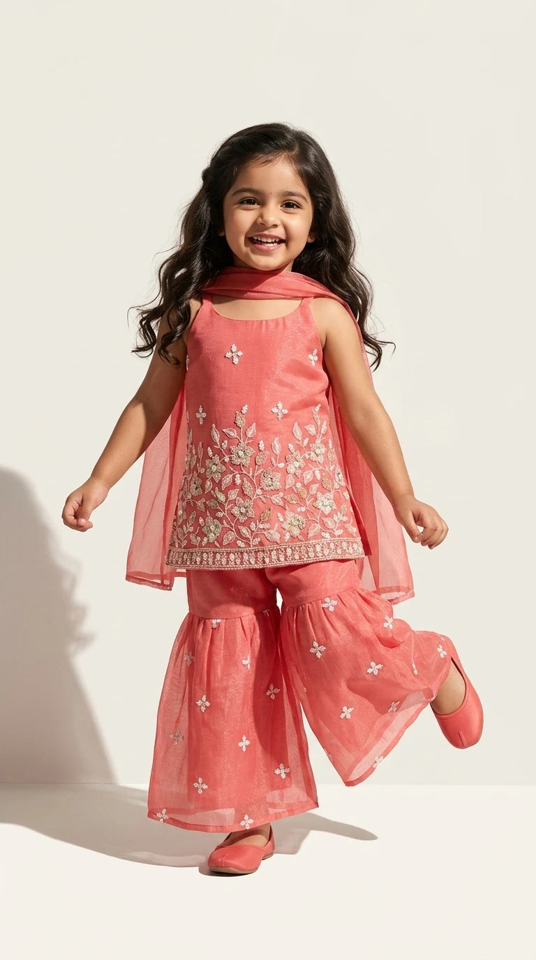 Coral Embroidered Sharara Set
