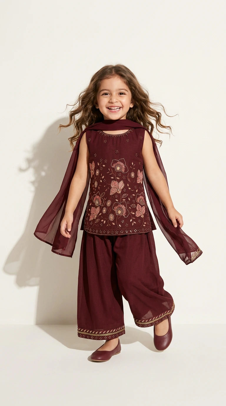 Wine Embroidered Sharara Set