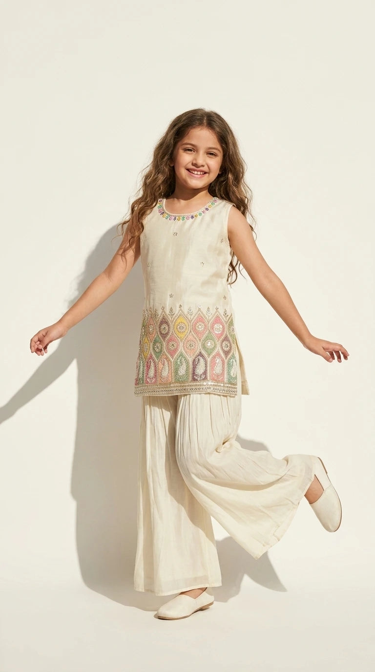 Ivory Multicolor Embroidered Kurta Palazzo Set