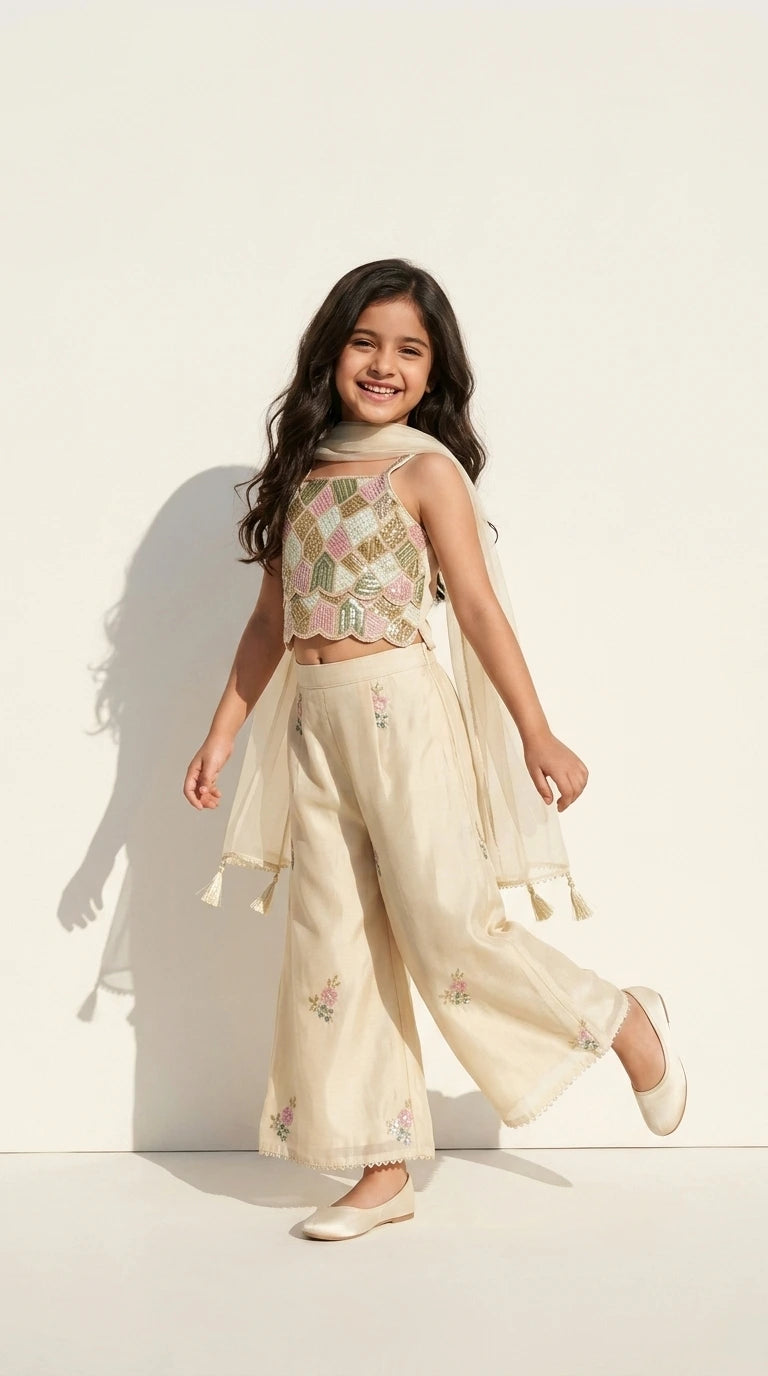 Pastel Ivory Geometric Embroidered Cape Set