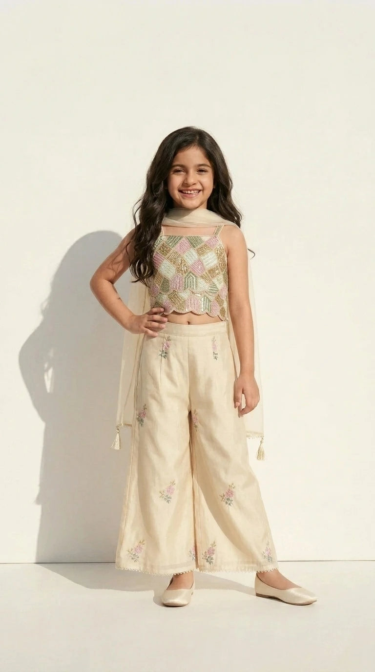 Pastel Ivory Geometric Embroidered Cape Set