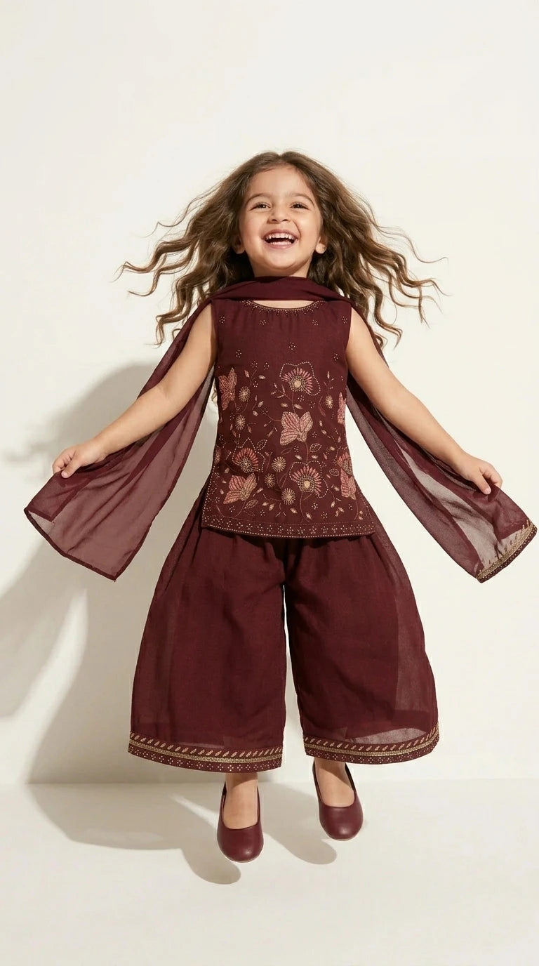 Wine Embroidered Sharara Set
