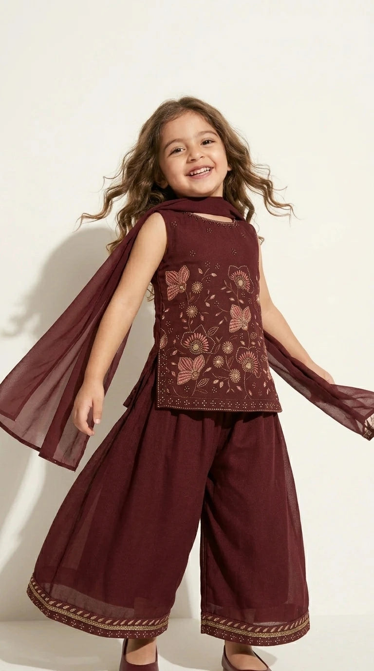 Wine Embroidered Sharara Set